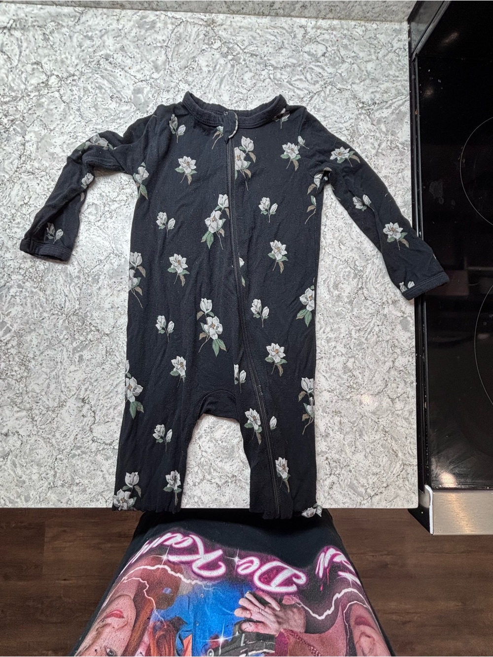 Kyte BABY Black Floral Zip-Front One-Piece Footie